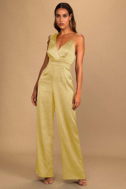 Retro Emerald Green Satin Asymmetrical Wide-Leg Jump Suit