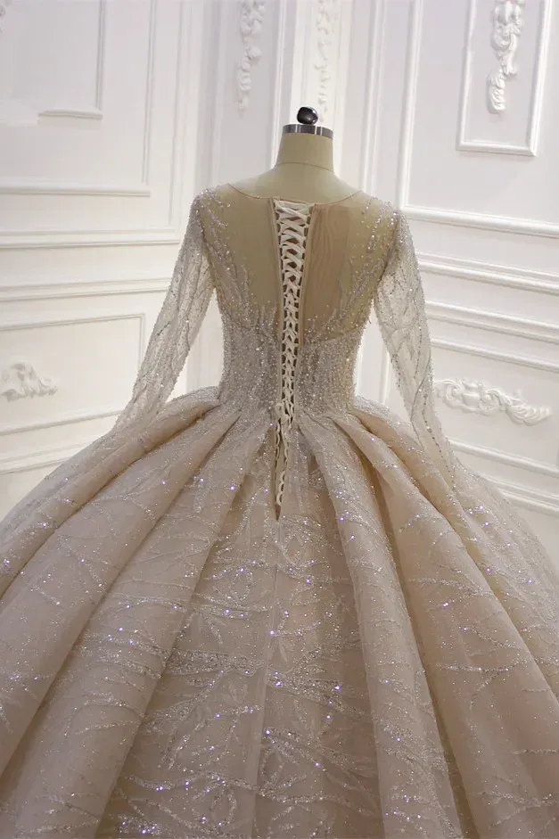 Glamorous Bateau Long Sleeves Floor-Length Ball Gown Wedding Dress with Ruffles