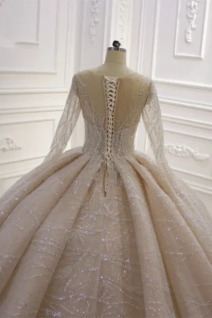 Glamorous Bateau Long Sleeves Floor-Length Ball Gown Wedding Dress with Ruffles