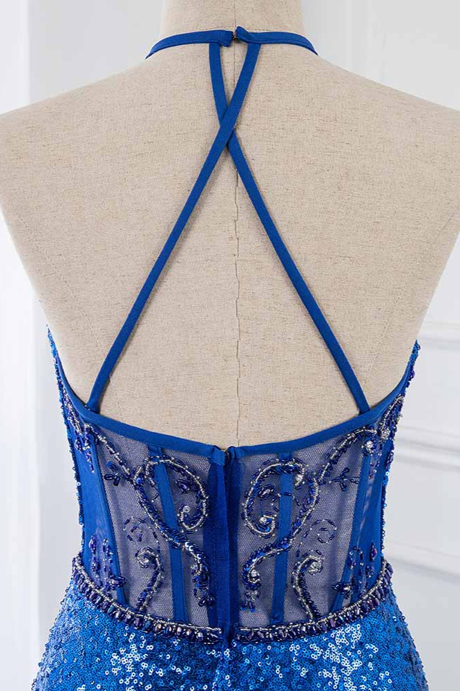 BMbridal Sparkly Sequined Halter Sleeveless Royal Blue Prom Dresses with Beadings