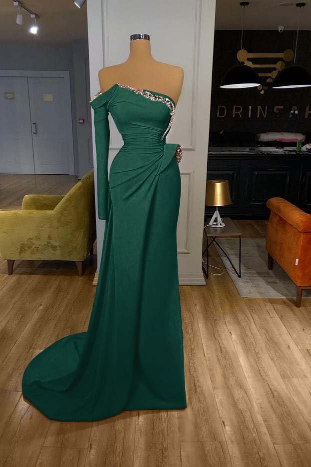 Orange Long Sleeves Sequins Long Pleated Mermaid Prom Dress With Beadings