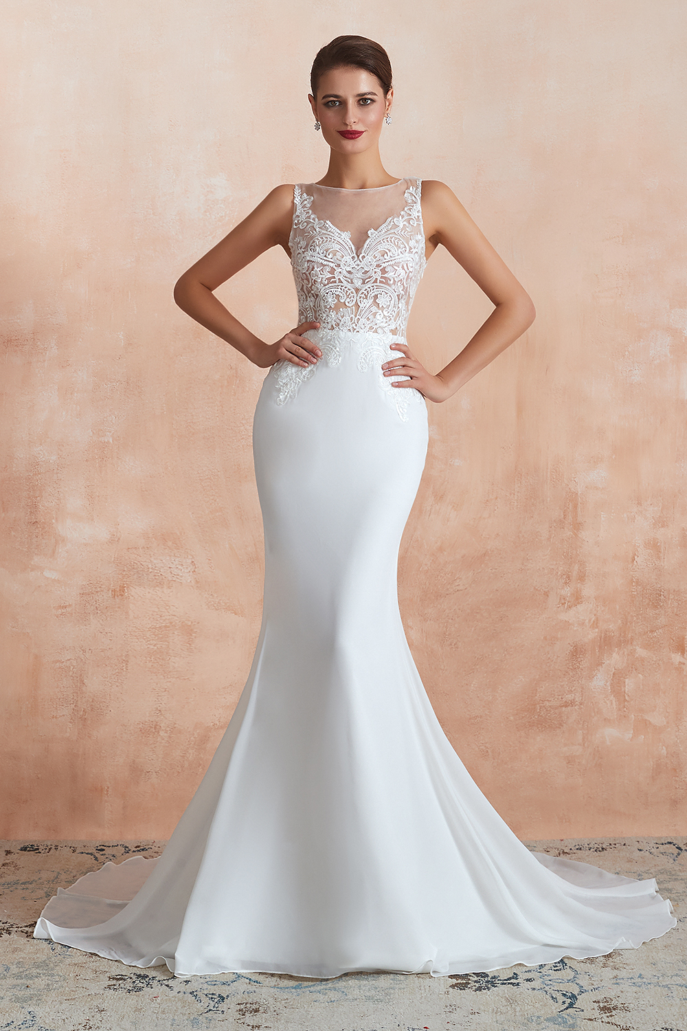 BMbridal Beautiful Mermaid V-Neck White Lace Wedding Dresses Affordable Online