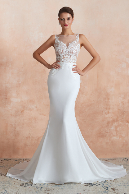 BMbridal Beautiful Mermaid V-Neck White Lace Wedding Dresses Affordable Online