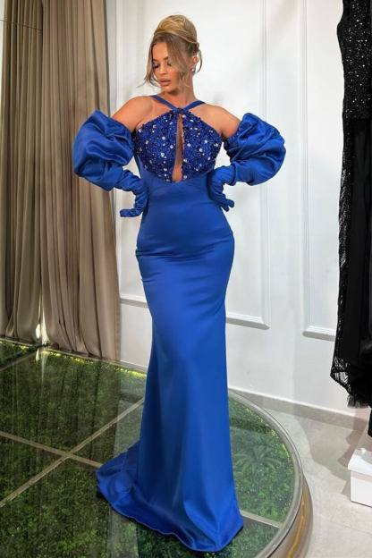 Elegant Mermaid Halter Long Sleeve Rhinestone Satin Blue Prom Dresses