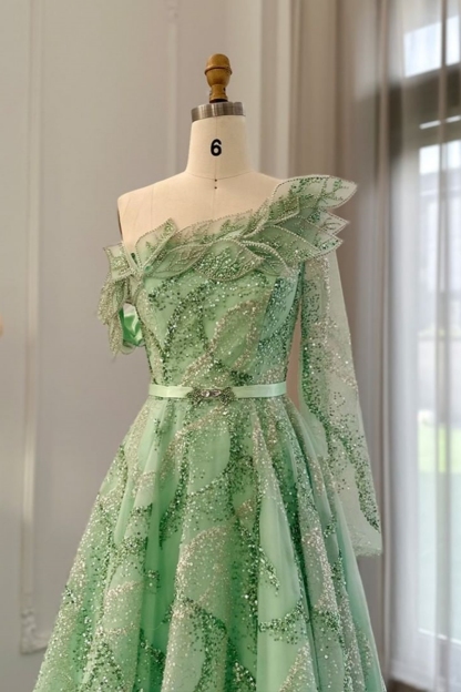 Bmbridal A-Line Champagne Strapless Tulle One Shoulder Prom Dresses with Ruffles
