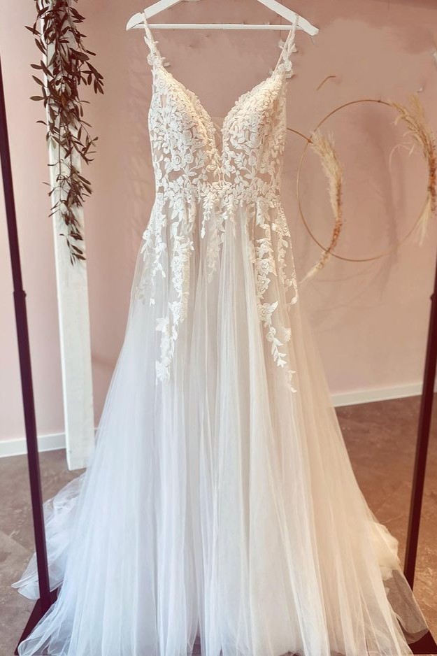 Bmbridal Spaghetti-Straps Bridal Dress Sleeveless Tulle Appliques-BMbridal