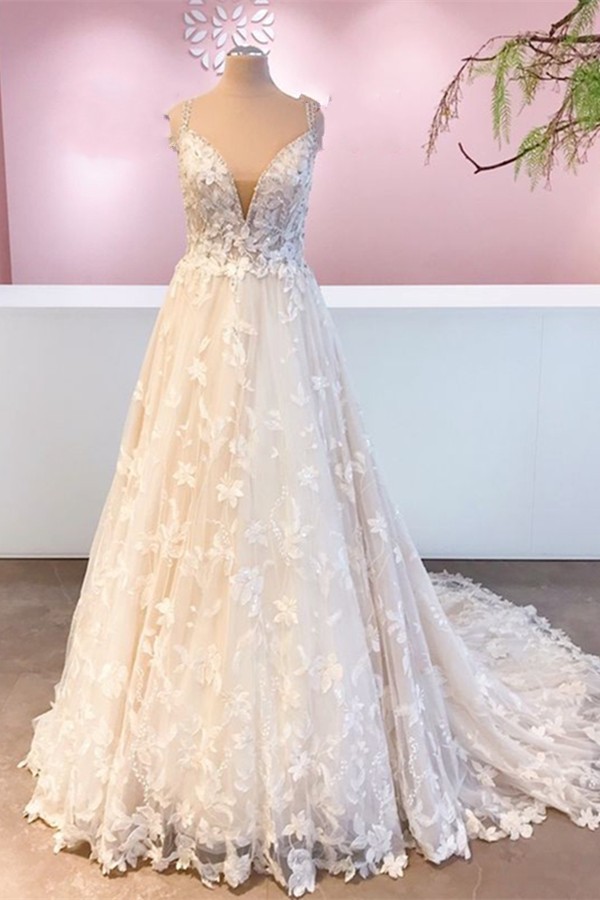 BMbridal Straps Beadings Wedding Dress V-Neck Bridal Gowns With Appliques-BMbridal