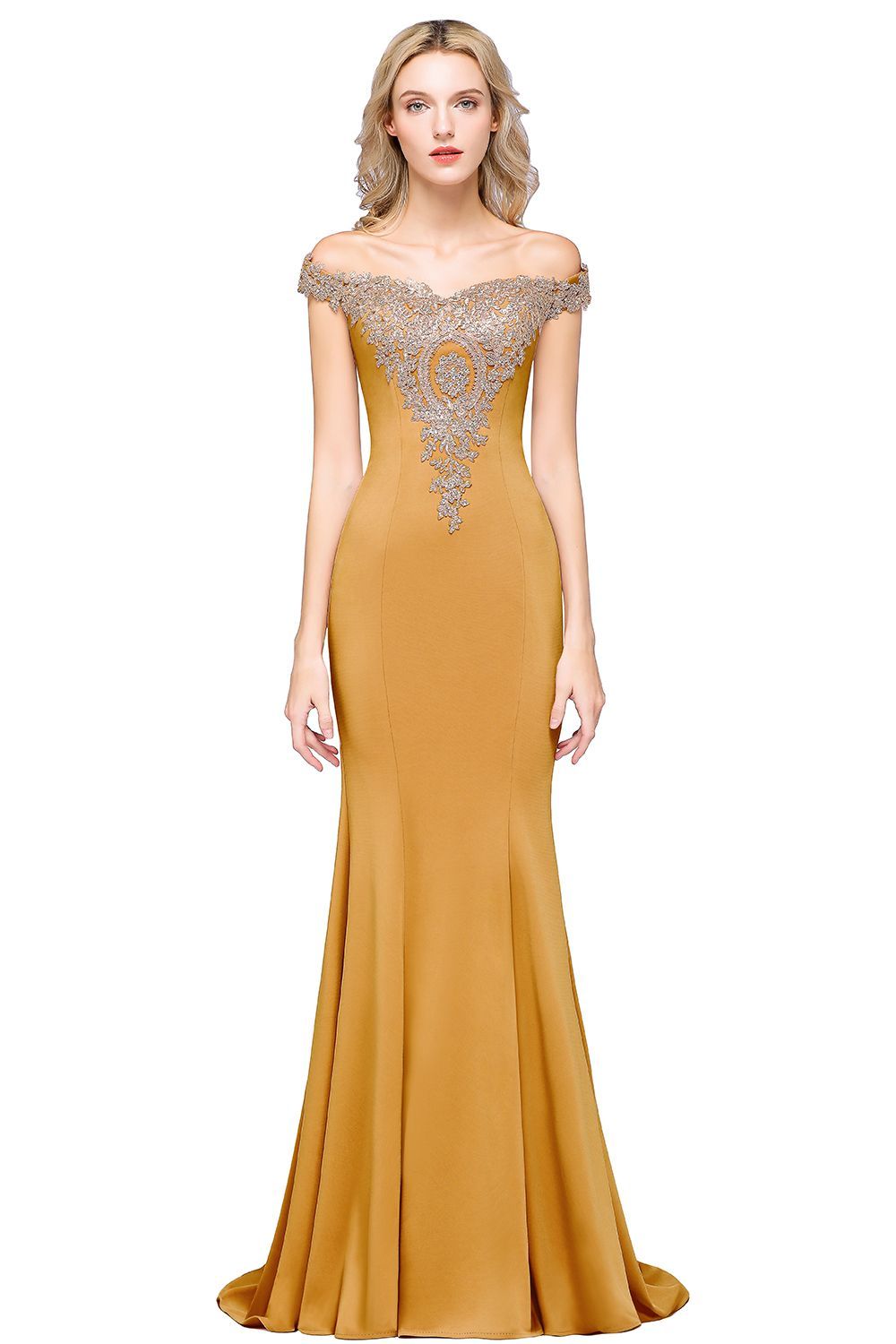 BMbridal Elegant Off-the-Shoulder Mermaid Prom Dress Long With Lace Appliques
