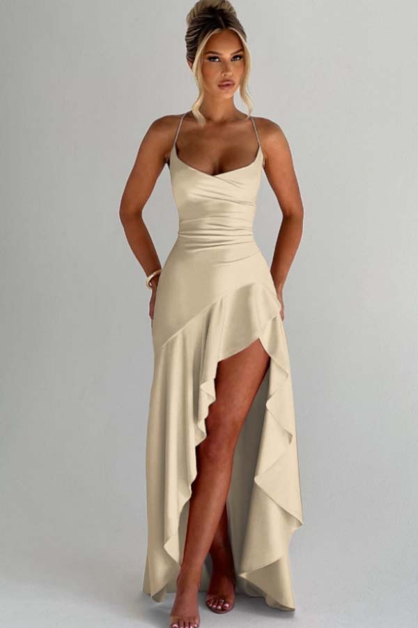 Spaghetti Strap Sleeveless Long Split Prom Dress With Pleated