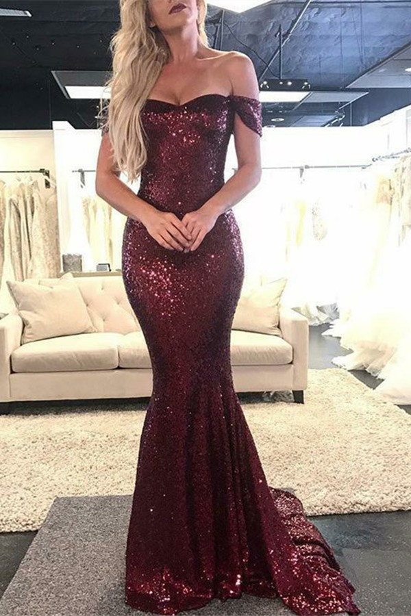 BMbridal off-the-Shoulder Burgundy Sequins Prom Dress Mermaid