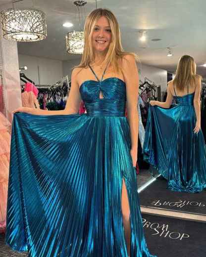 Sparkly A Line Halter Neck Gold Long Prom Dress with Keyhole Slit