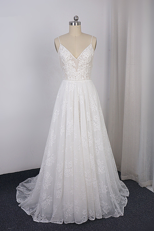 BMbridal Sexy Spaghetti Straps V-neck Lace Tulle Wedding Dress Sleeveless Appliques Backless Bridal Gowns Online-BMbridal