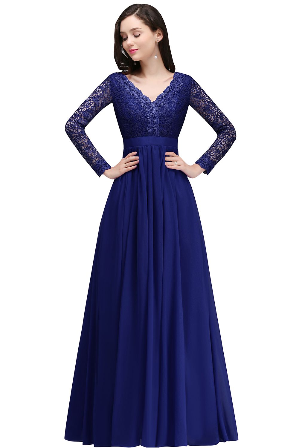 BMbridal Elegant A-line Chiffon Lace Long Sleeves Evening Dress