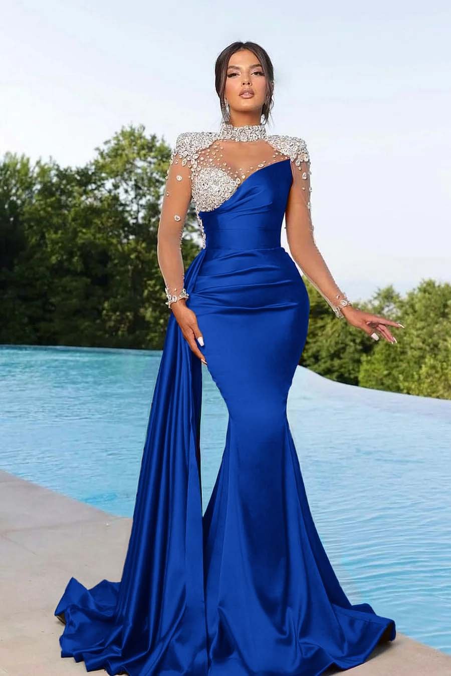 Bmbridal Black Long Sleeves Prom Dress Mermaid Crystal High Neck-BMbridal