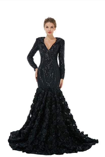 Bmbridal Long Sleeves V-Neck Prom Dress Mermaid Sequins With Flowers Bottom