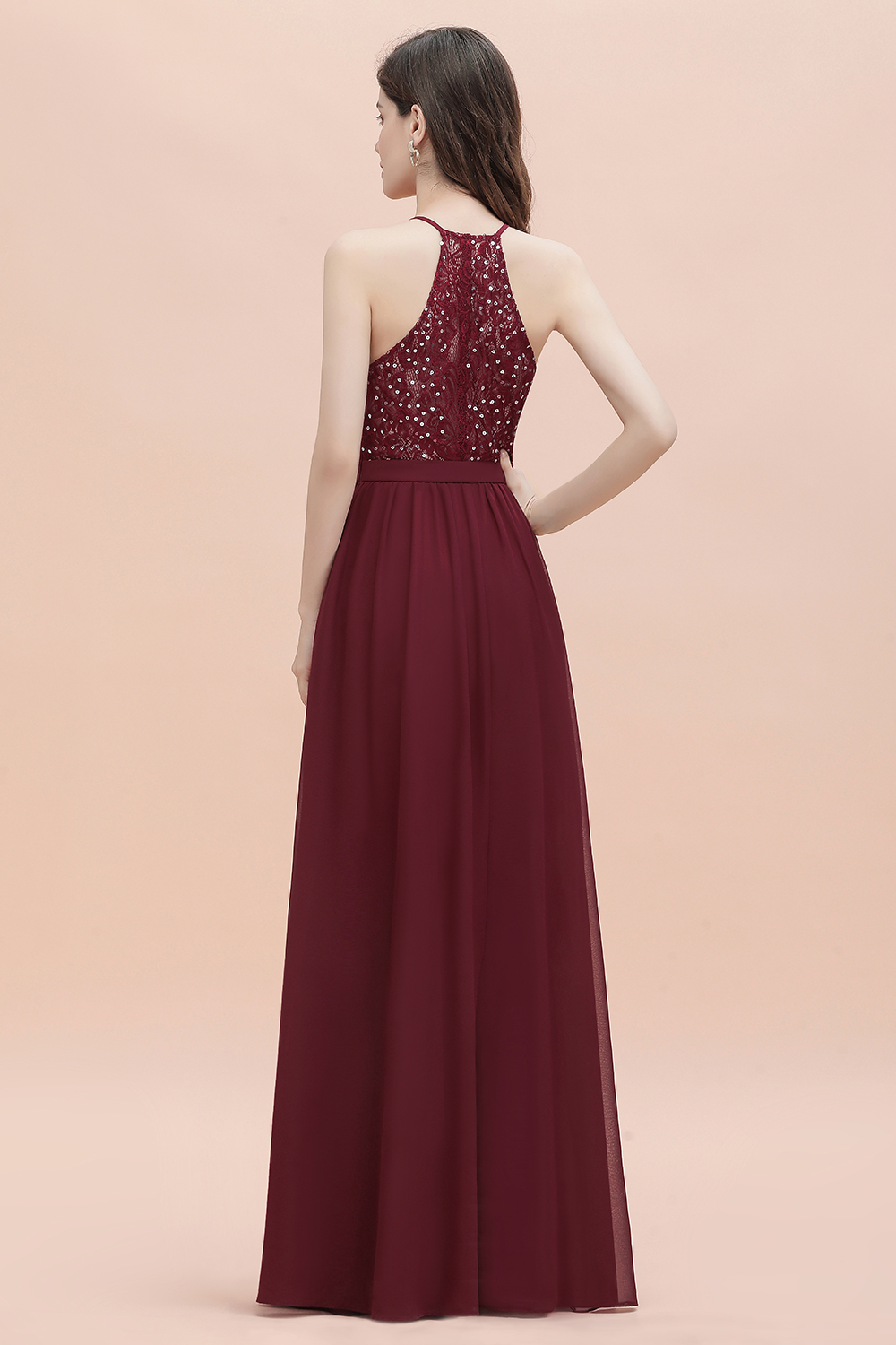BMbridal A-Line Lace Burgundy Bridesmaid Dress Lace Sequins Sleeveless Evening Dress