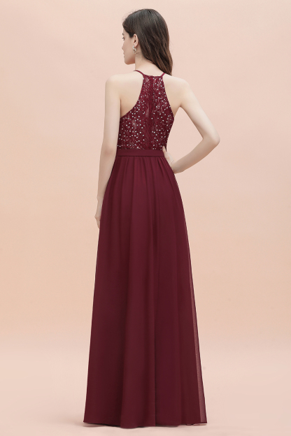 BMbridal A-Line Lace Burgundy Bridesmaid Dress Lace Sequins Sleeveless Evening Dress
