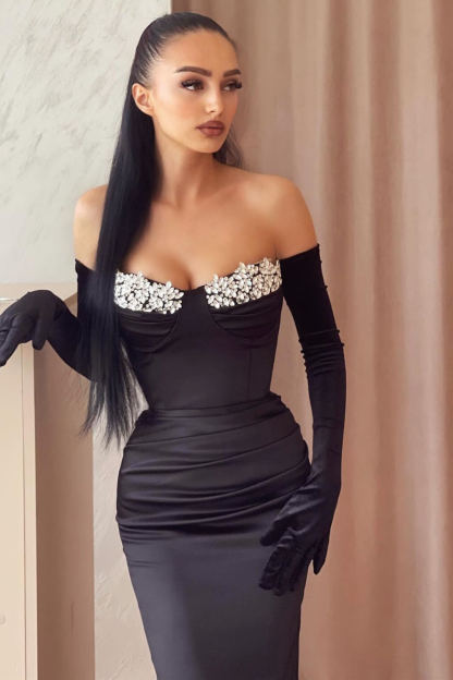 Amazing Mermaid Strapless Half Sleeve Rhinestone Satin Prom Dress