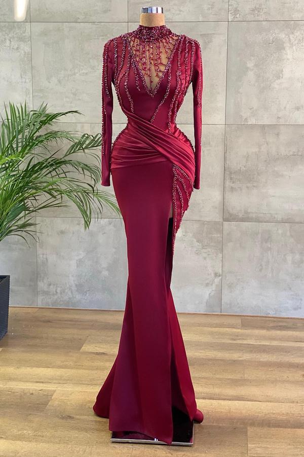 BMbridal Long Sleeves Burgundy Mermaid Prom Dress With Beadings