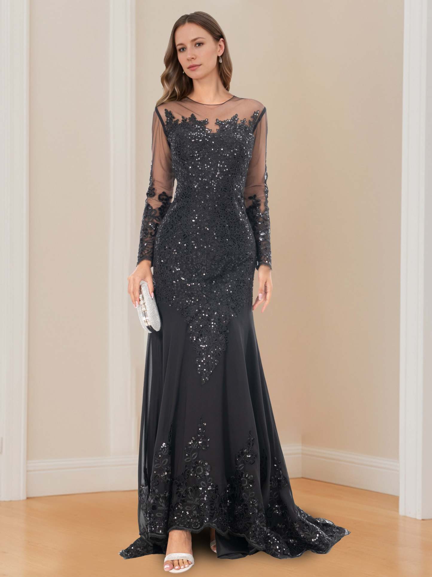 Long-Sleeved Scoop Neck Mermaid/Trumpet Mother of the Bride Dress with Applique-BMbridal