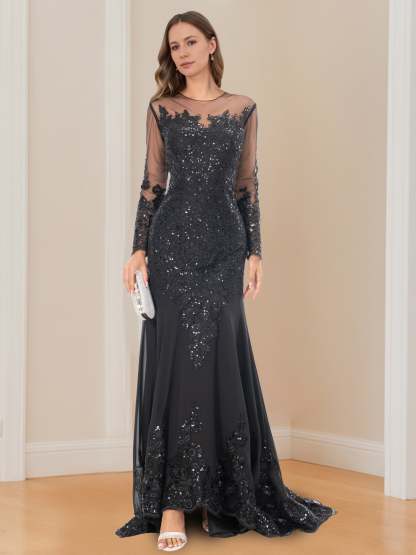 Long-Sleeved Scoop Neck Mermaid/Trumpet Mother of the Bride Dress with Applique-BMbridal