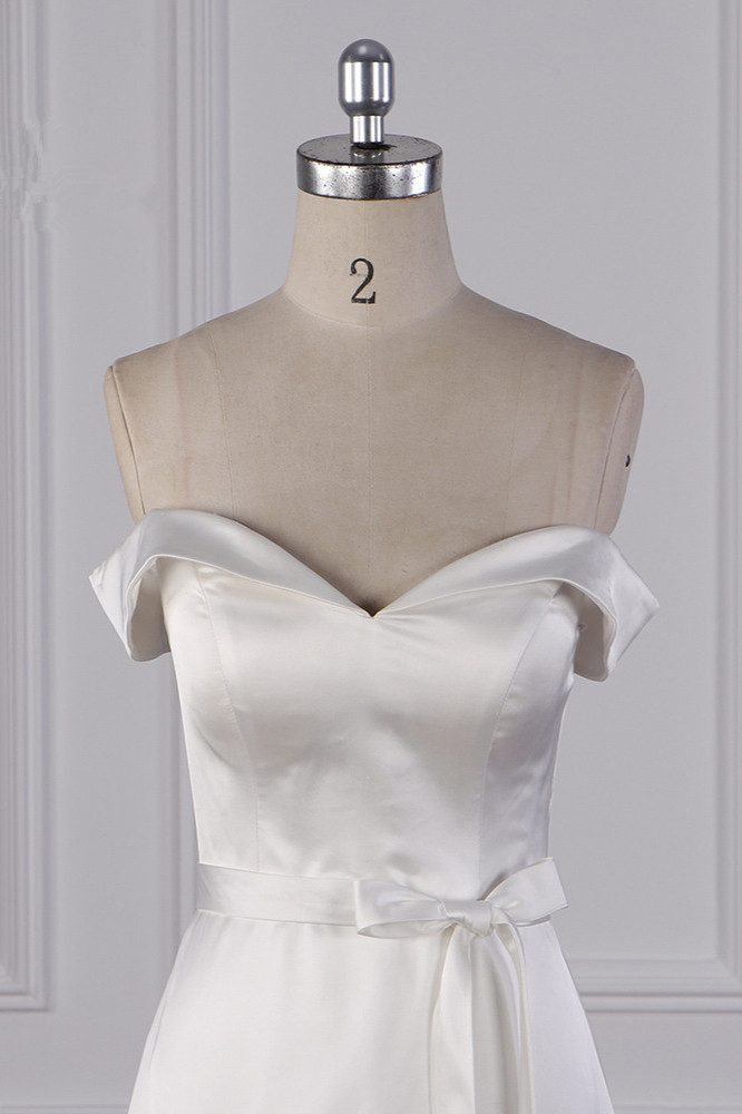 BMbridal Sexy Off-the-Shoulder Satin Wedding Dress Sweetheart Front Slit Bridal Gowns with Bow On Sale-BMbridal