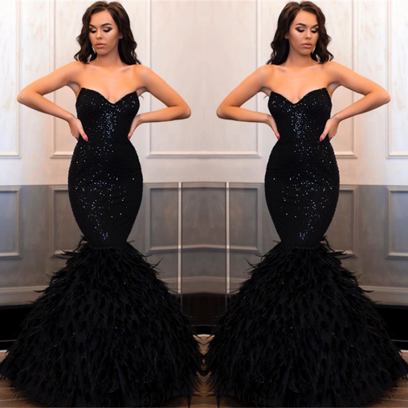 Bmbridal Sweetehart Sequins Black Prom Dress Mermaid With Feather
