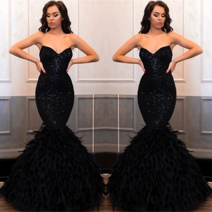 Bmbridal Sweetehart Sequins Black Prom Dress Mermaid With Feather