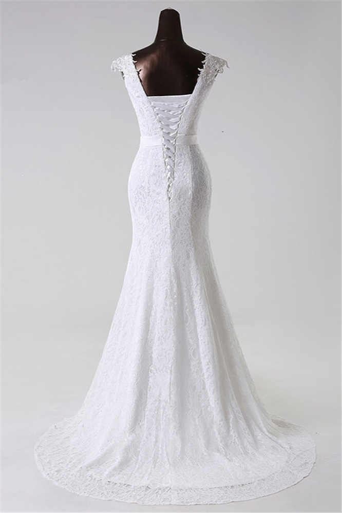 BMbridal Gorgeous Lace Jewel Mermaid White Wedding Dresses with Appliques Online