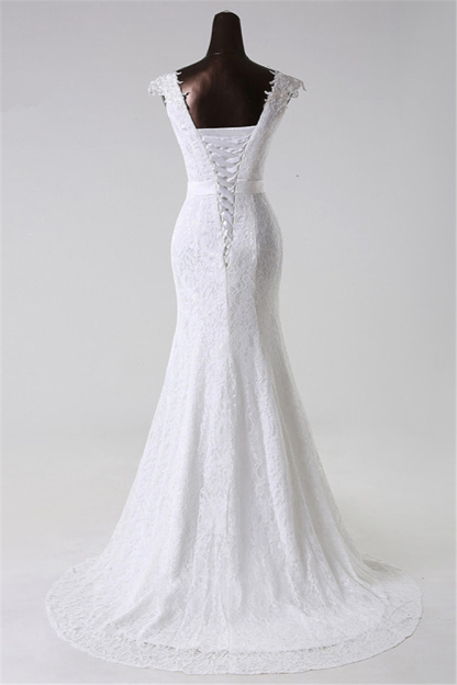 BMbridal Gorgeous Lace Jewel Mermaid White Wedding Dresses with Appliques Online