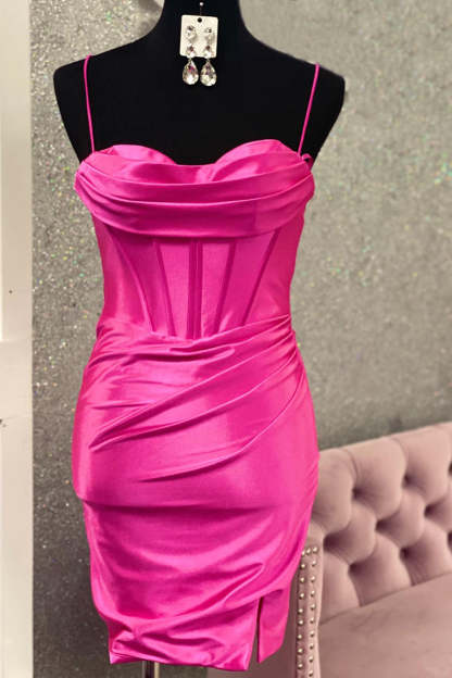 Simple Fuchsia Corset Tight Satin Short Homecoming Dress