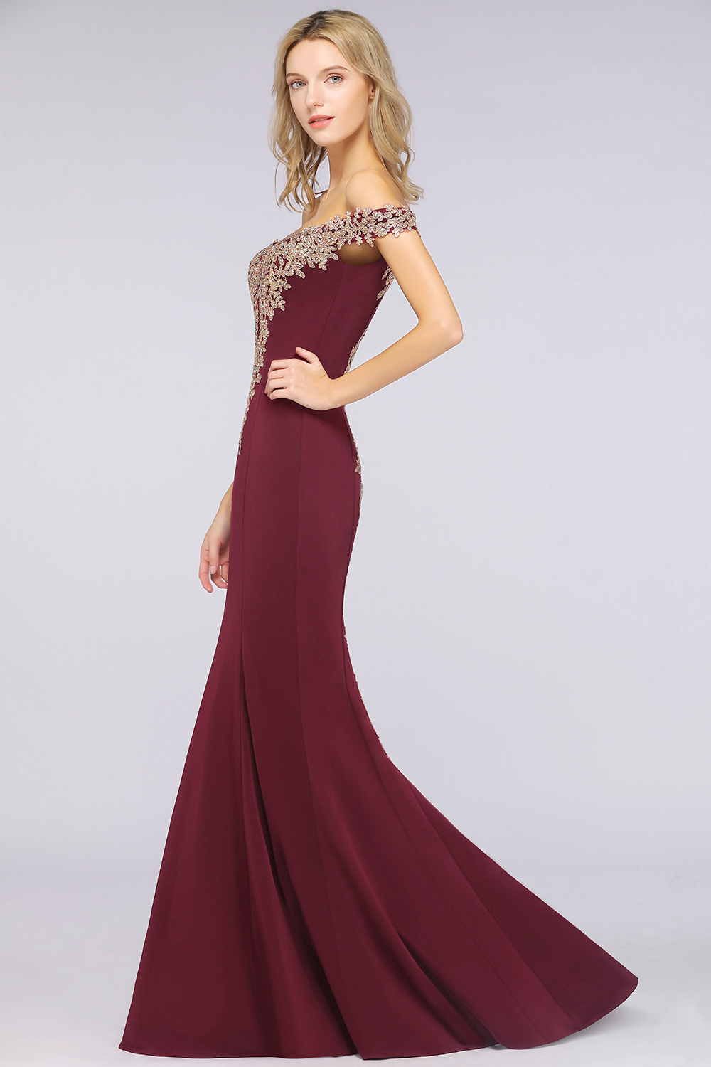 BMbridal Elegant Off-the-Shoulder Mermaid Prom Dress Long With Lace Appliques