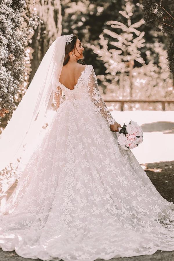 Bmbridal Long Sleeves V-Neck Ball Gown Wedding Dress With Appliques-BMbridal