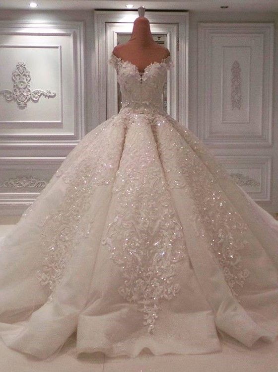 BMbridal Glamorous Off-the-shoulder White A-line Wedding Dresses Tulle Ruffles Lace Bridal Gowns With Appliques Online-BMbridal