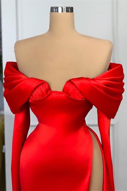 Bmbridal Red Mermiad Sweetheart Long Sleeves Prom Dress with Ruffles
