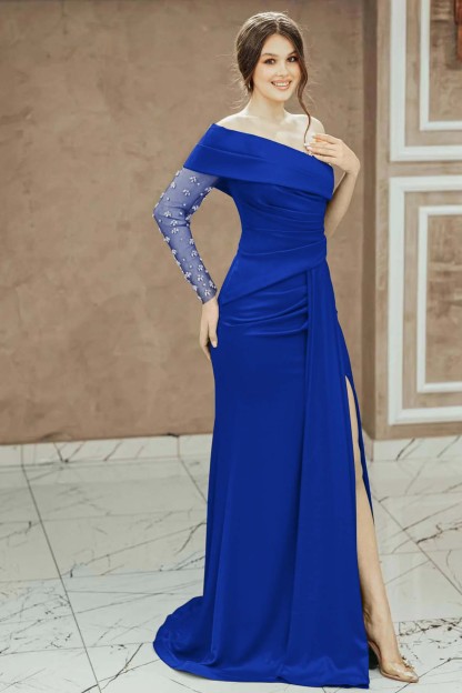 Red Beadings One Shoulder Pleated Prom Dress Split Mermaid With Long Sleeve