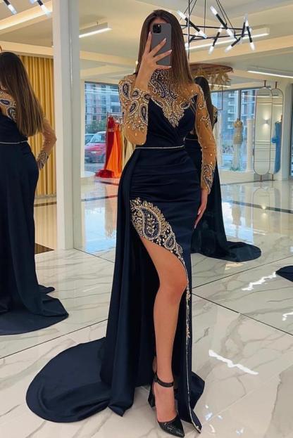 BMbridal Dark Navy Long Sleeves Prom Dress Mermaid Beadings With Slit