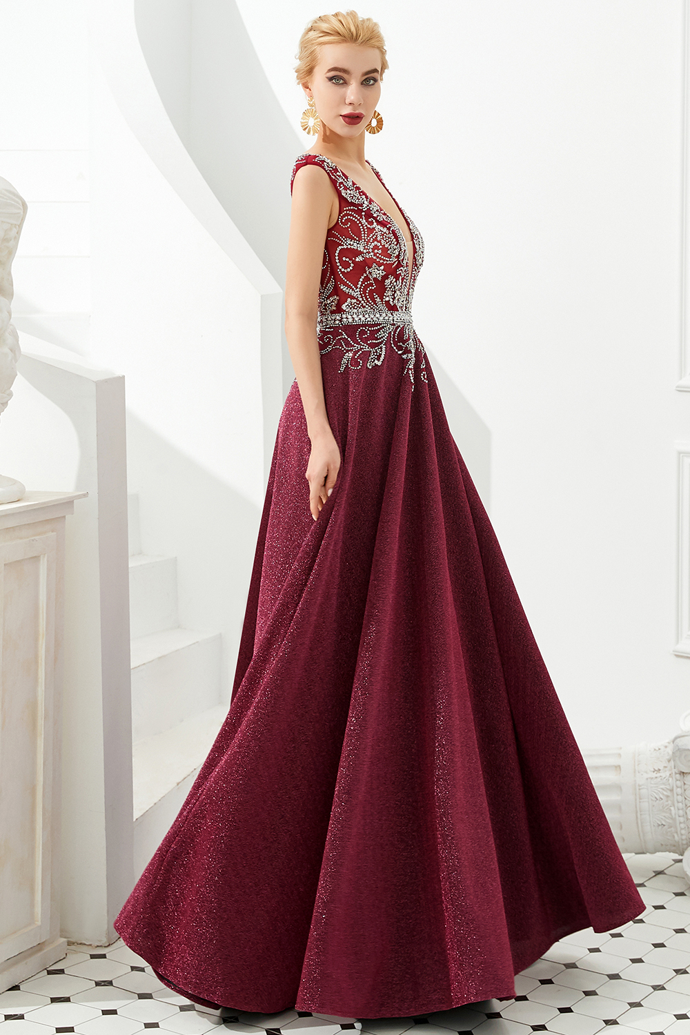 BMbridal Shinning Bugrundy Crystal  Prom Dress Long V-Neck Sleeveless Evening Gowns