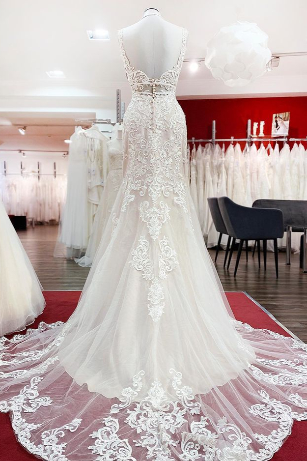 BMbridal Wonderful Sleeveless Tulle Ivory Lace Backless Mermaid Wedding Dresses-BMbridal