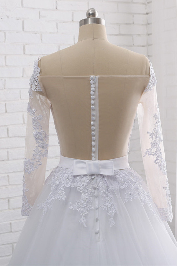 BMbridal Stylish Off-the-Shoulder Long Sleeves Wedding Dress Tulle Lace Appliques Bridal Gowns with Beadings On Sale-BMbridal