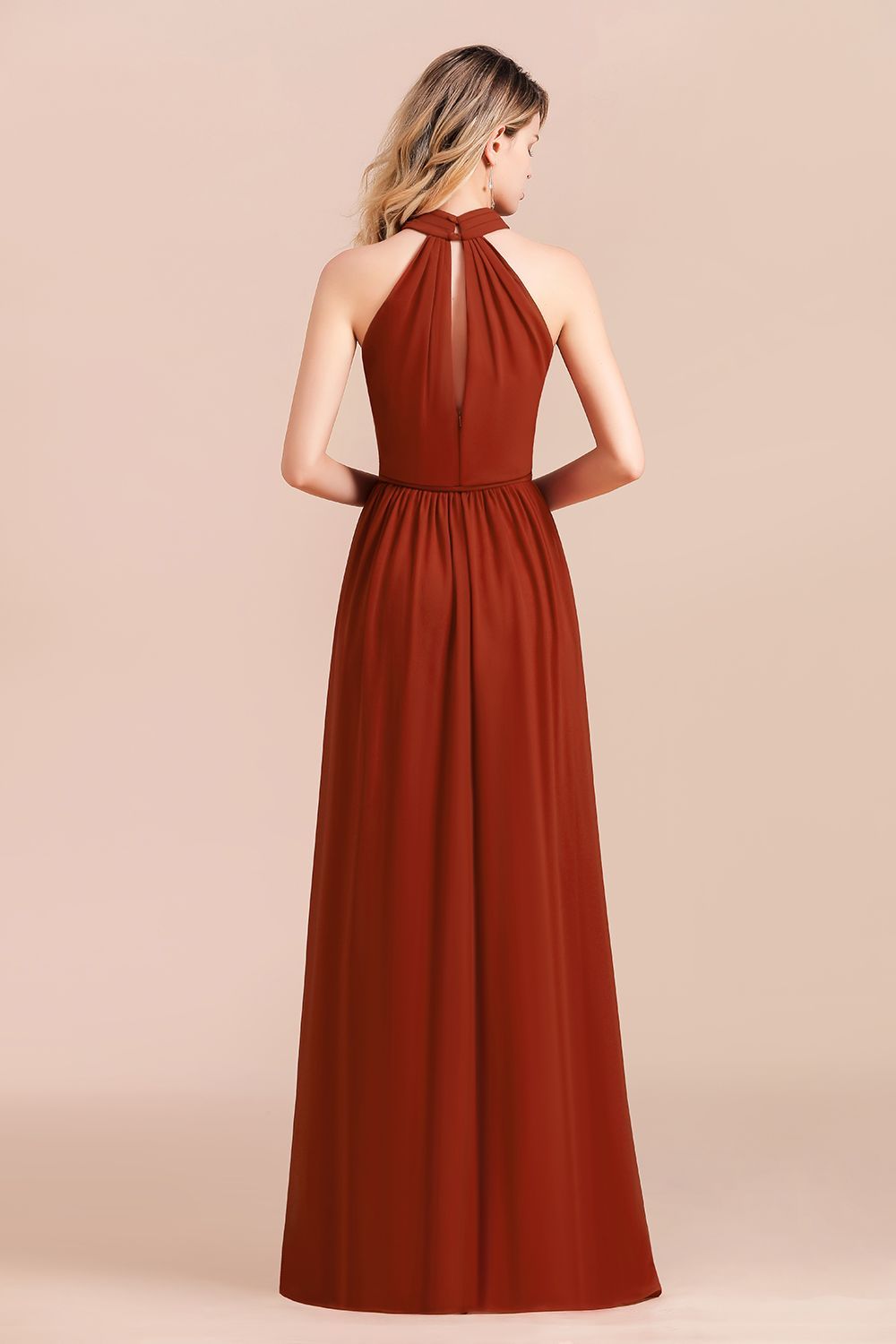 BMbridal Rust Halter Long Bridesmaid Dresses Online With Front Split-BMbridal