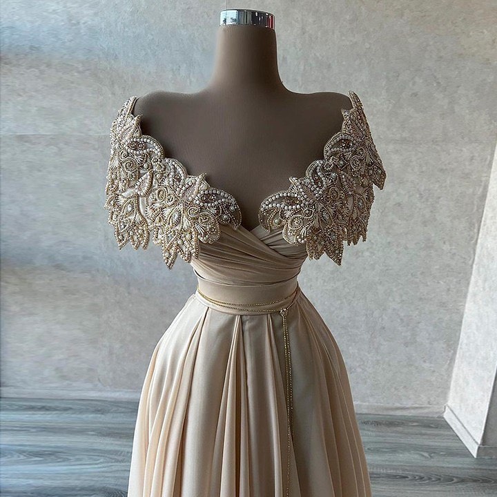 Modern Off-the-Shoulder A-Line Prom Dress Chiffon With Pearls Beadings-BMbridal