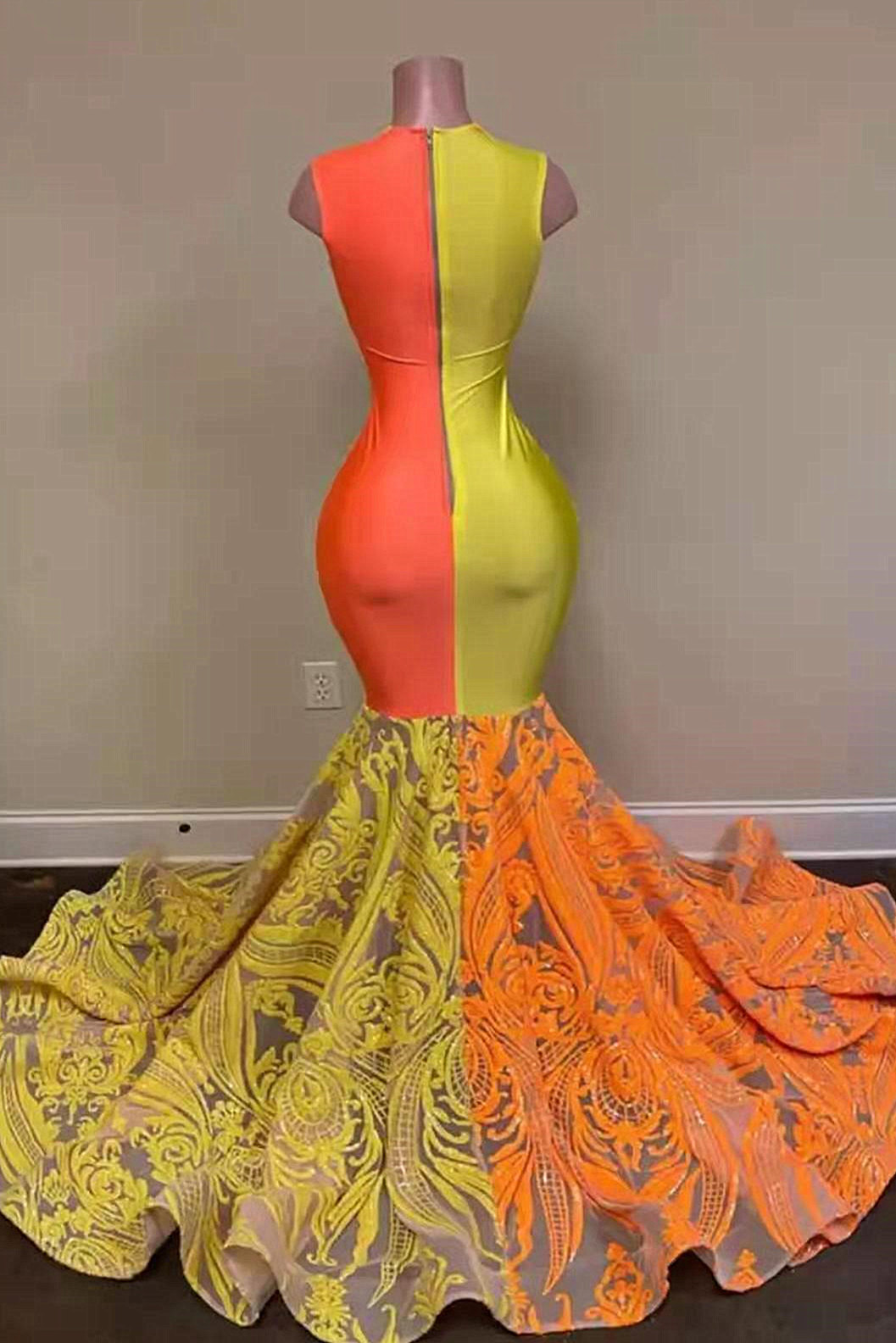 BMbirdal Yellow and Orange Mermaid Prom Dress Long Lace Sequins