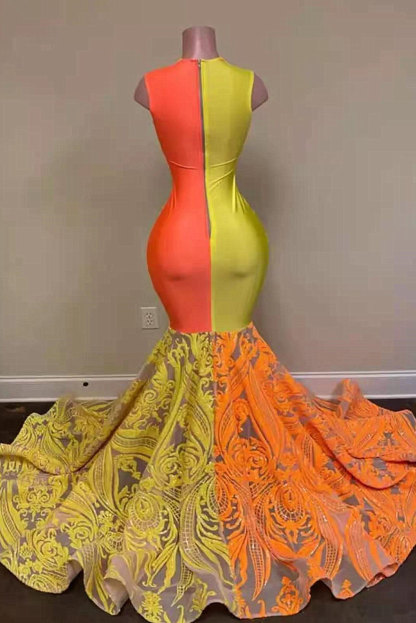 BMbirdal Yellow and Orange Mermaid Prom Dress Long Lace Sequins