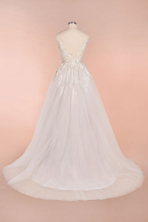 BMbridal Elegant Appliques A-line V-neck Wedding Dress Straps Sleeveless Tulle Bridal Gowns On Sale-BMbridal