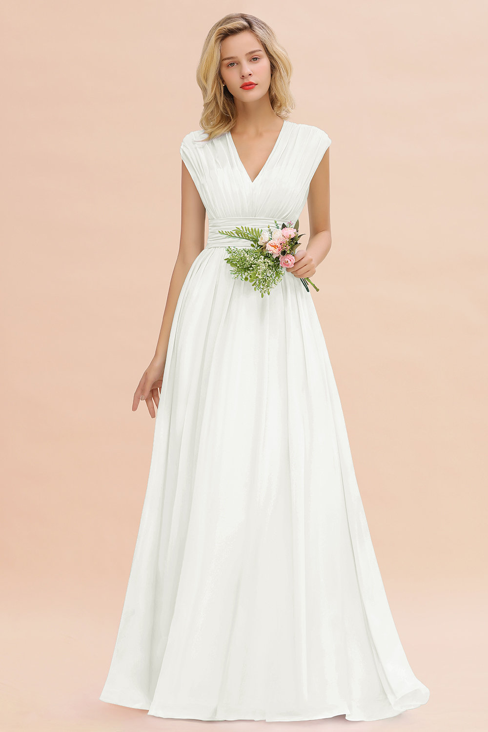 BMbridal Elegant Chiffon V-Neck Ruffle Long Bridesmaid Dresses Affordable-BMbridal