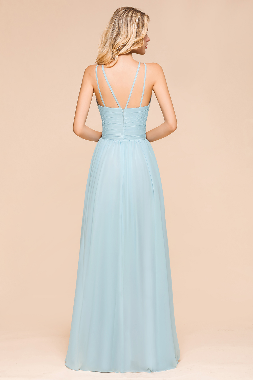 BMbridal Gorgeous Halter Ruffle Sky Blue Affordable Bridesmaid Dress-BMbridal