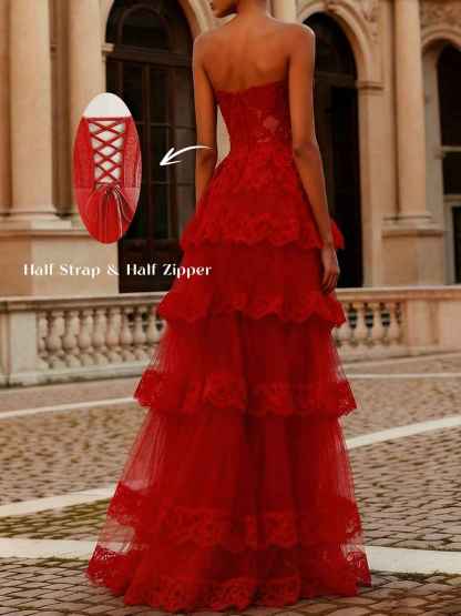 Red Tiered Tulle Strapless Lace Bodice A-Line Long Prom Dress