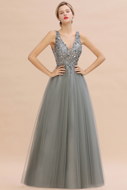 BMbridal Glamorous V-Neck Sleeveless Prom Dress Long Tulle Evening Gowns With Crystals