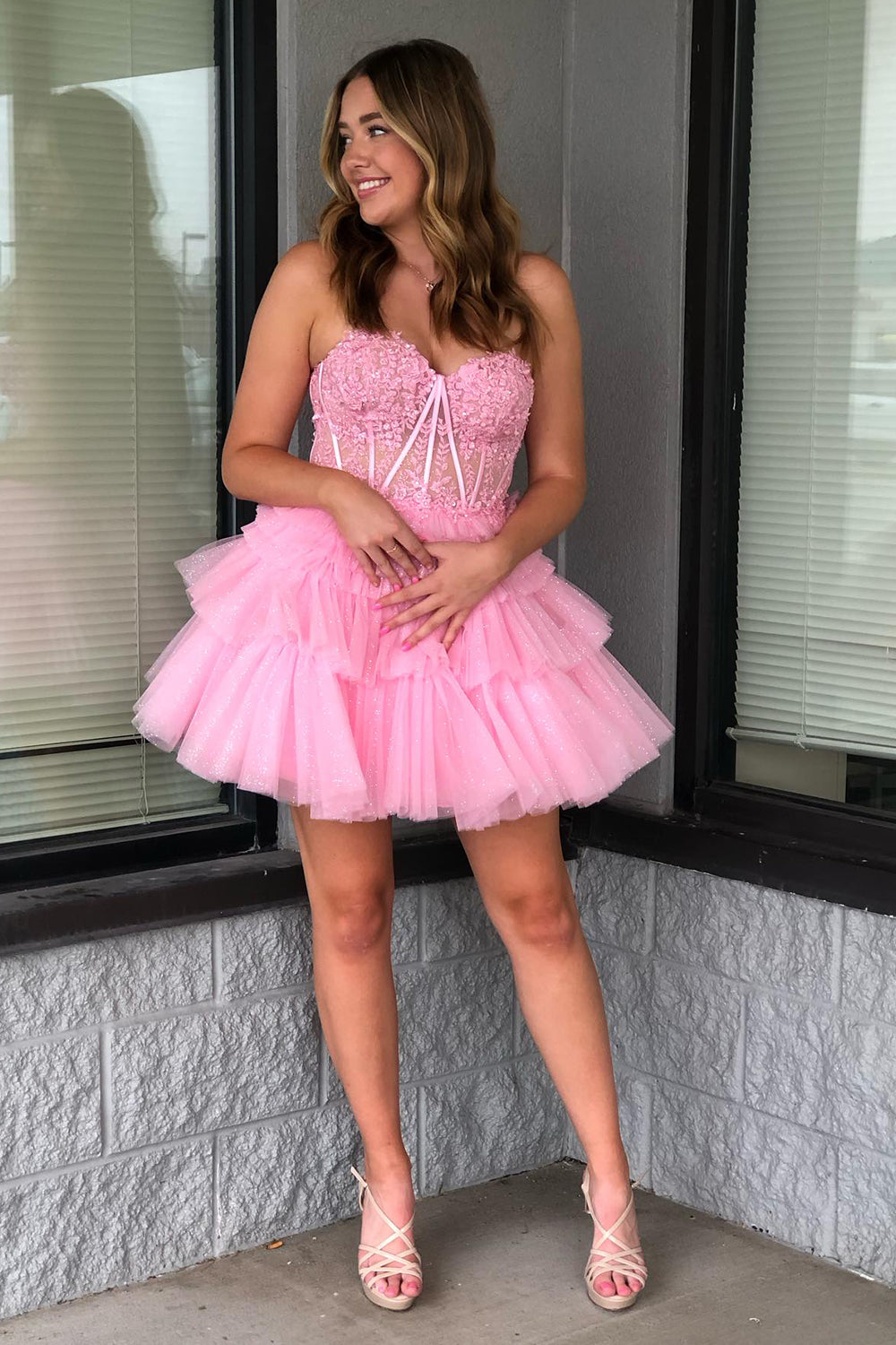 Sparkly Pink Corset Tiered Short A-Line Tulle Homecoming Dress with Lace-BMbridal